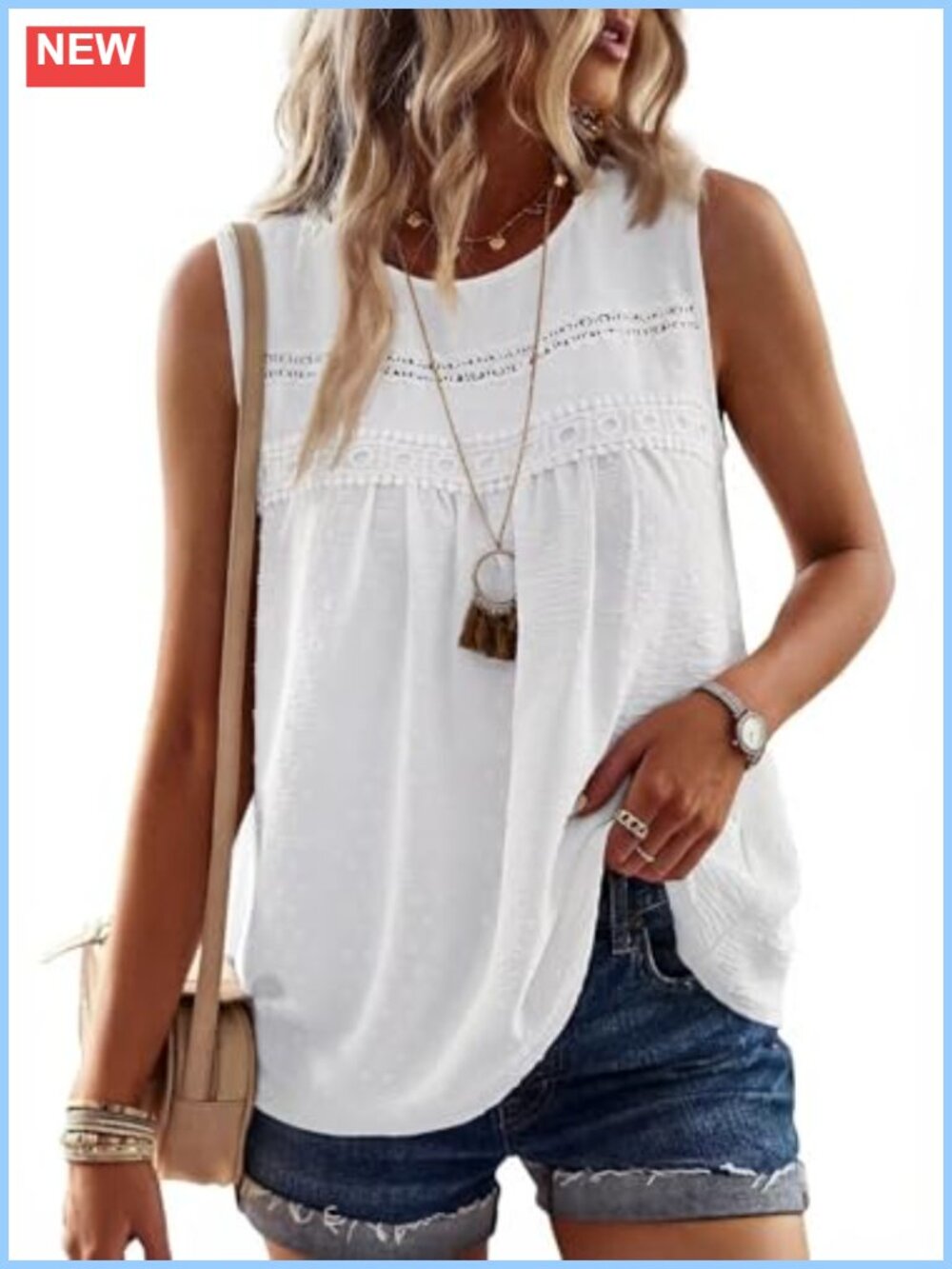Women Sleeveless Lace Trim Tank Top Swiss Dot Blouse Boho Flowy Summer Shirt